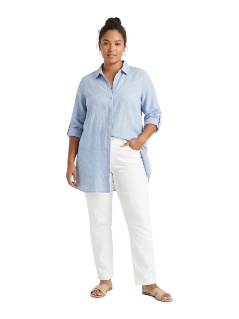 Tahari 100% Linen Roll Tab Button Down Tunic Shirt Sz M Blue Preppy Costal Chic
